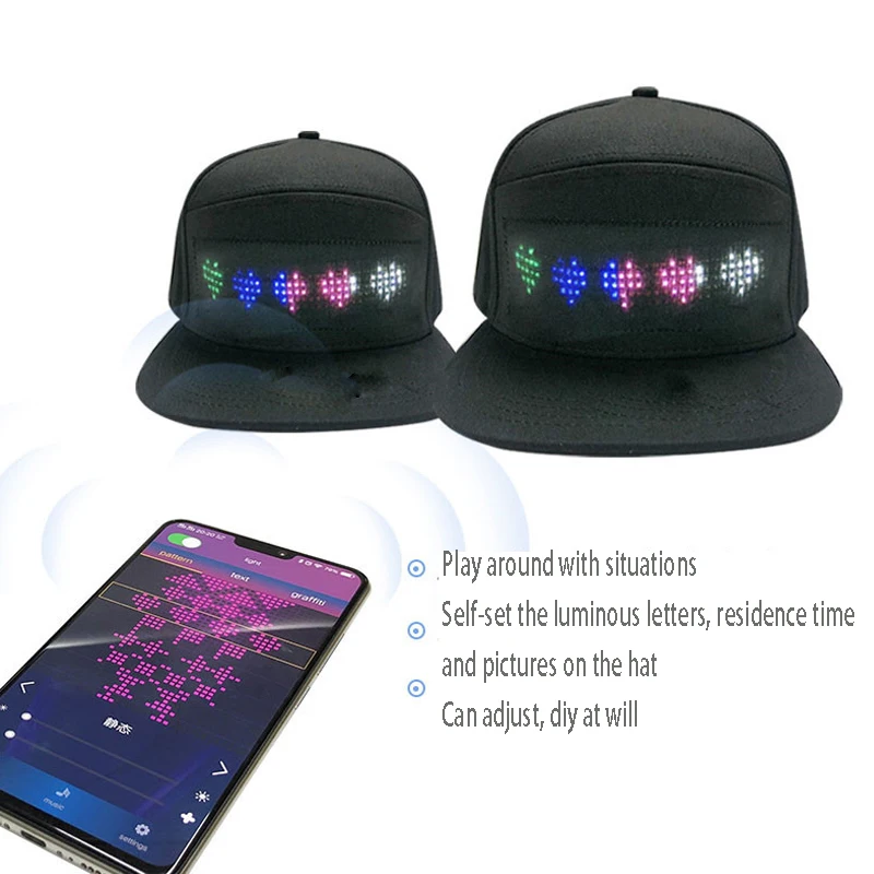 Mobile Phone APP LED Hat Glow Wirelessly Send Word Scrolling Bluetooth Flexible Screen LED Cap LED Scrolling Message Display Hip