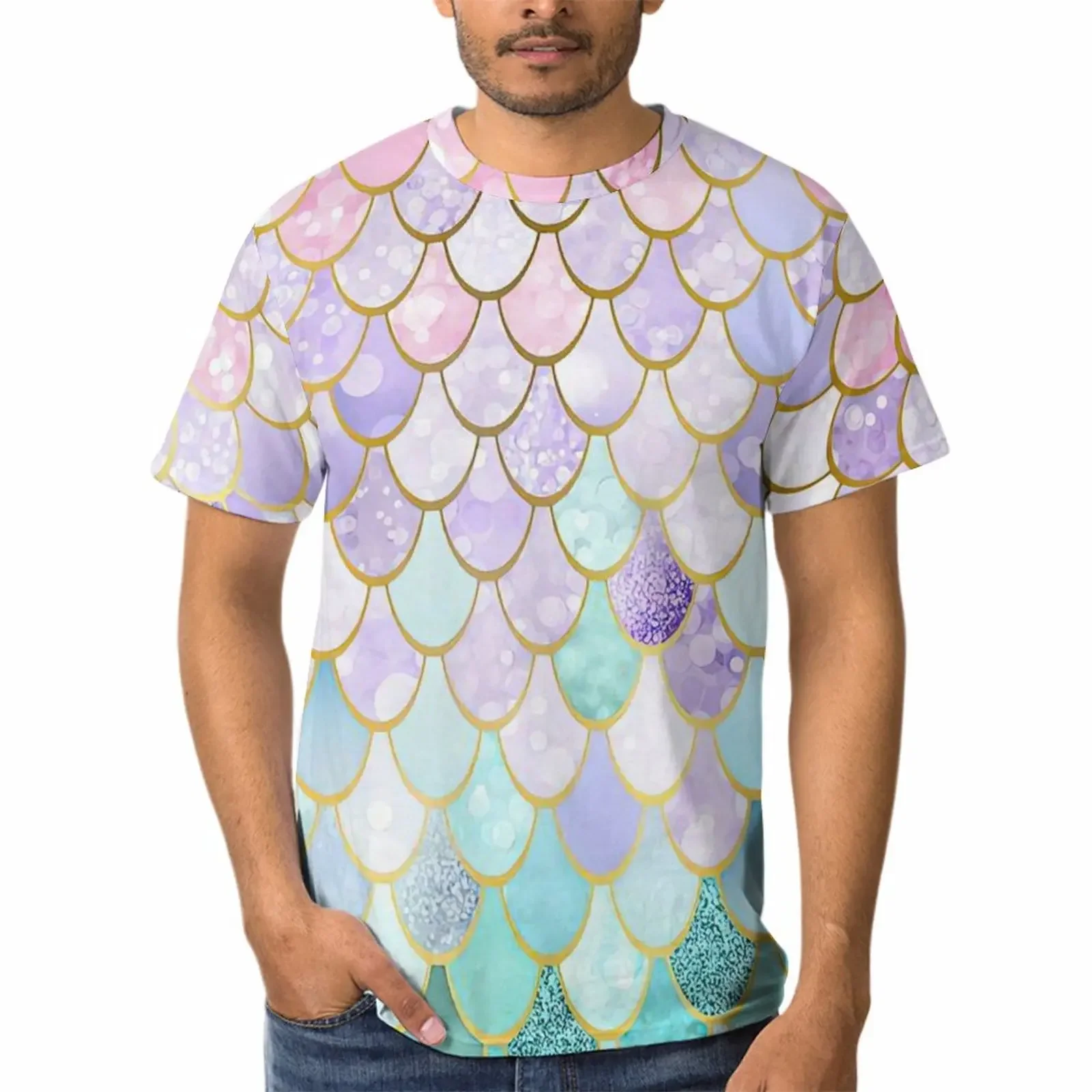 Ombre Sea Mermaid Scales T-Shirt Male Blue Purple Street Style T Shirts Summer Cool Tees Short-Sleeved Graphic Big Size Tops