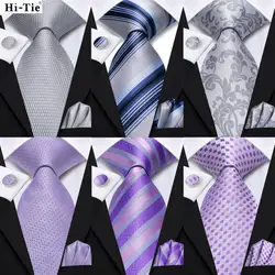 Hi-Tie Purple Silver Striped Silk Elegant Tie For Men Groom Wedding Men Necktie Pocket Square Cufflink Accessory Wholesale