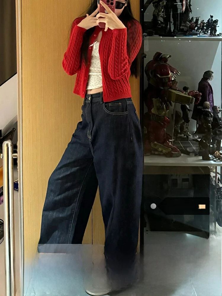 

High Waist Wide Leg Blue Jeans Women's Summer New Loose Drapey Floor-Length Pants Japanese Style Pure Color Jeans for Ladies