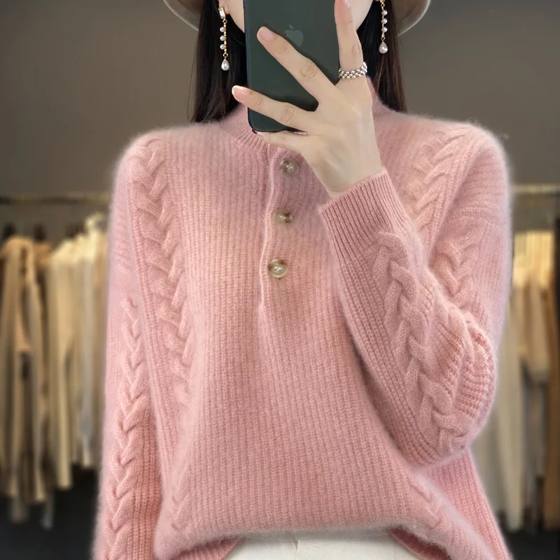 Cashmere Sweater Women\'s 2023 Autumn/Winter New Knitted Half High Collar Pullover 100% Wool Loose Korean Fashion Luxury Top