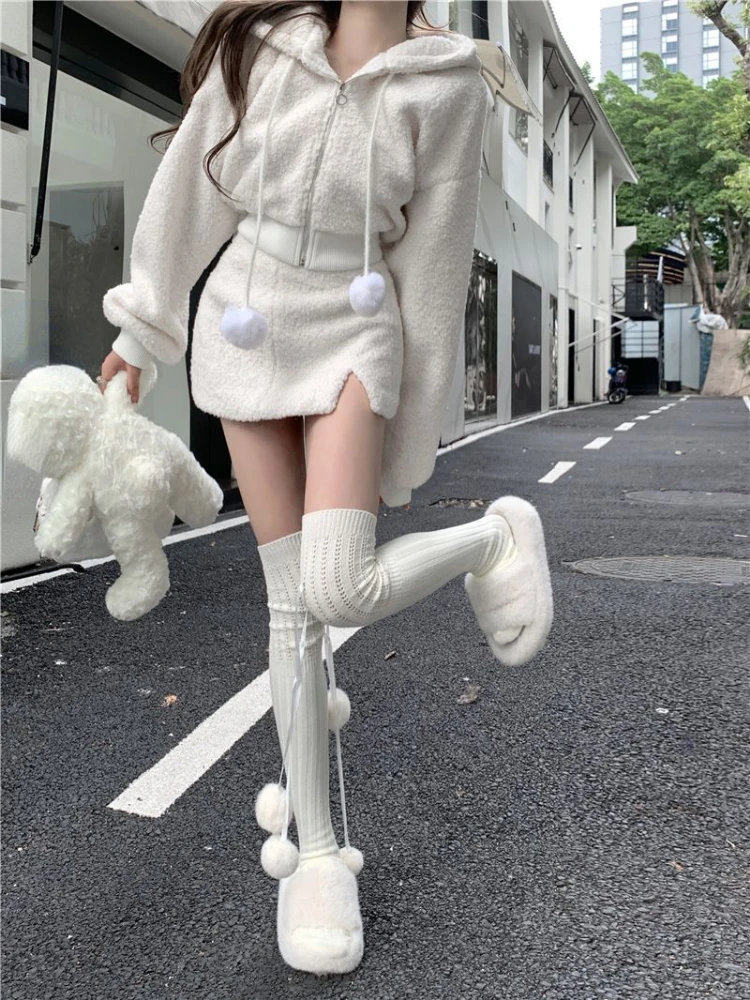 2023 Autumn Pure Color Sweet 2 Piece Skirt Set Women Outwear Casual Hooded Coat + Slim Elegant Mini Skirt Korean Fashion Chic