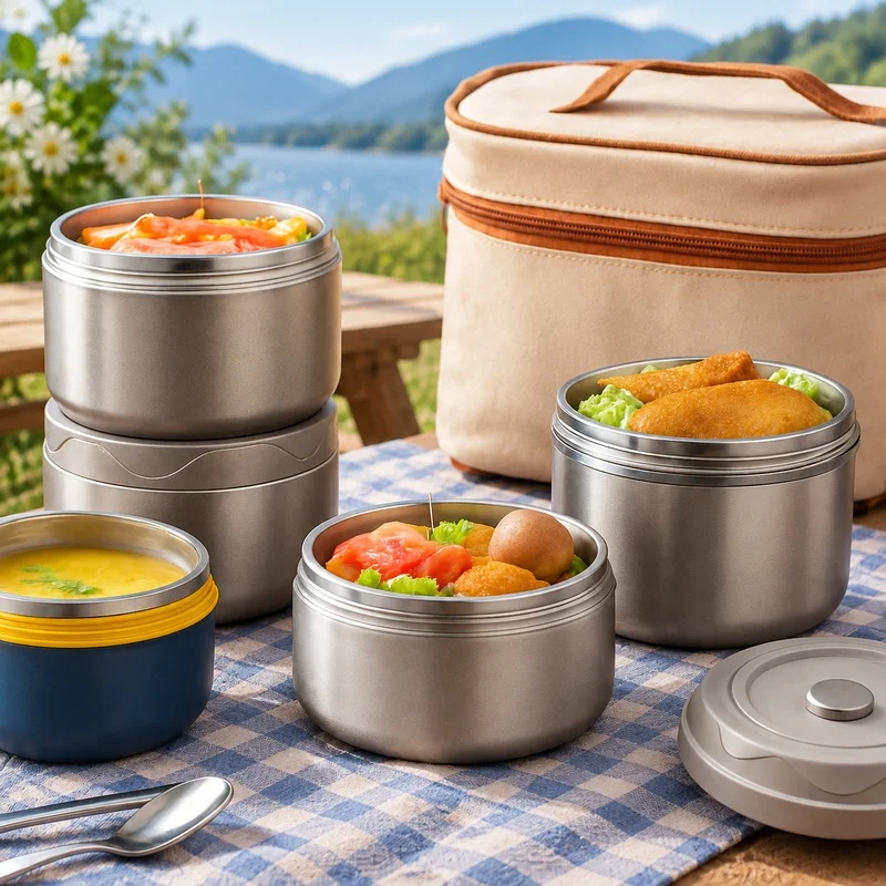 304 Stainless Steel Insulated Food Storage Box with Double Layers and Carry Bag, Portable Lunch Container for Work and Study