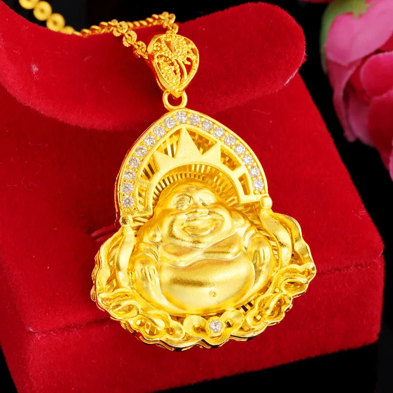 Pure14K Gold Color High Imitation Gold Buddha Statue Inlaid with 3A Zircon Maitreya Buddha Female Natal Guanyin Pendant Necklace