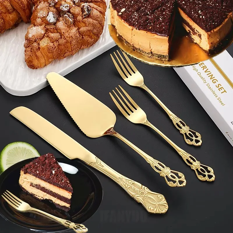 4Pcs Vintage Cutlery Set Stainless Steel Bread Knife Cake Spatula Set Hollow Design Elegant Cake Server Fork Tableware Tools