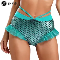 Adult Mermaid Girls Cosplay Costume Metallic Fish Scales Printed Ruffles Bikini Brief Swimming Princess Bottoms Shorts
