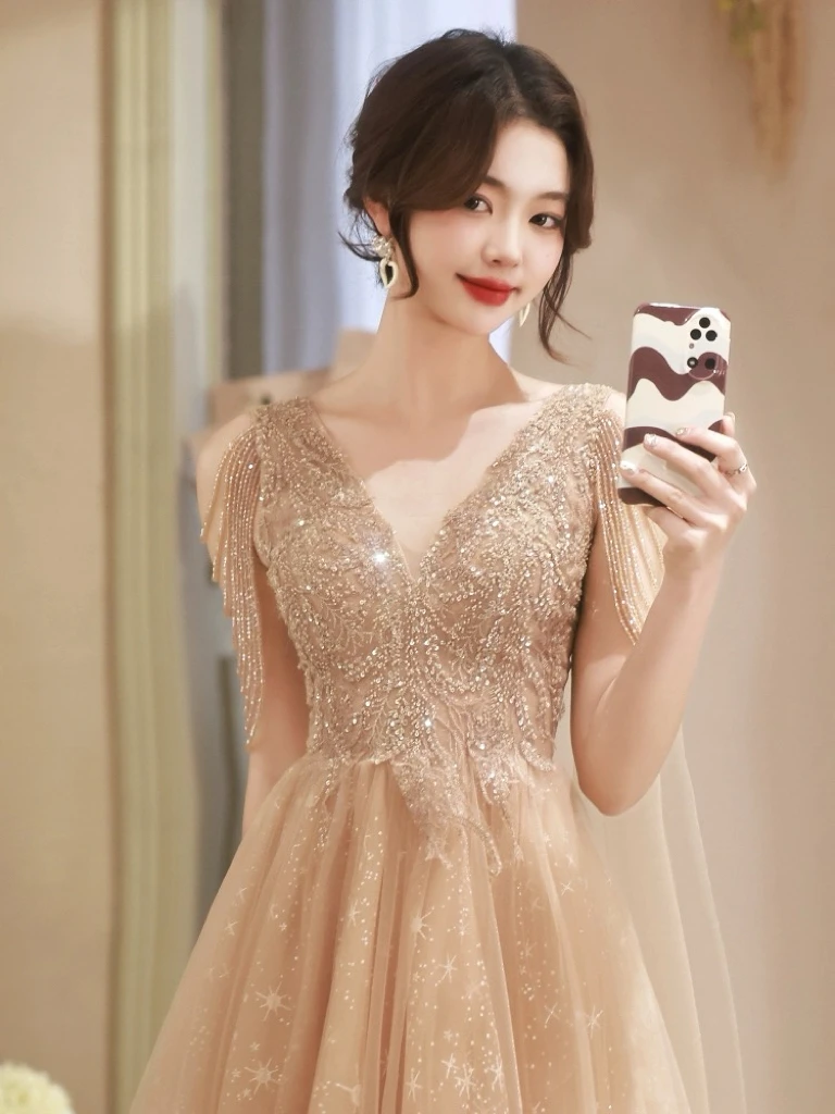 Gorgeous Champagne Bridesmaid Dresses V-neck Tassel Beading Applique A-line Lace-up Star Tulle Woman Celebrity Evening Gown 2024