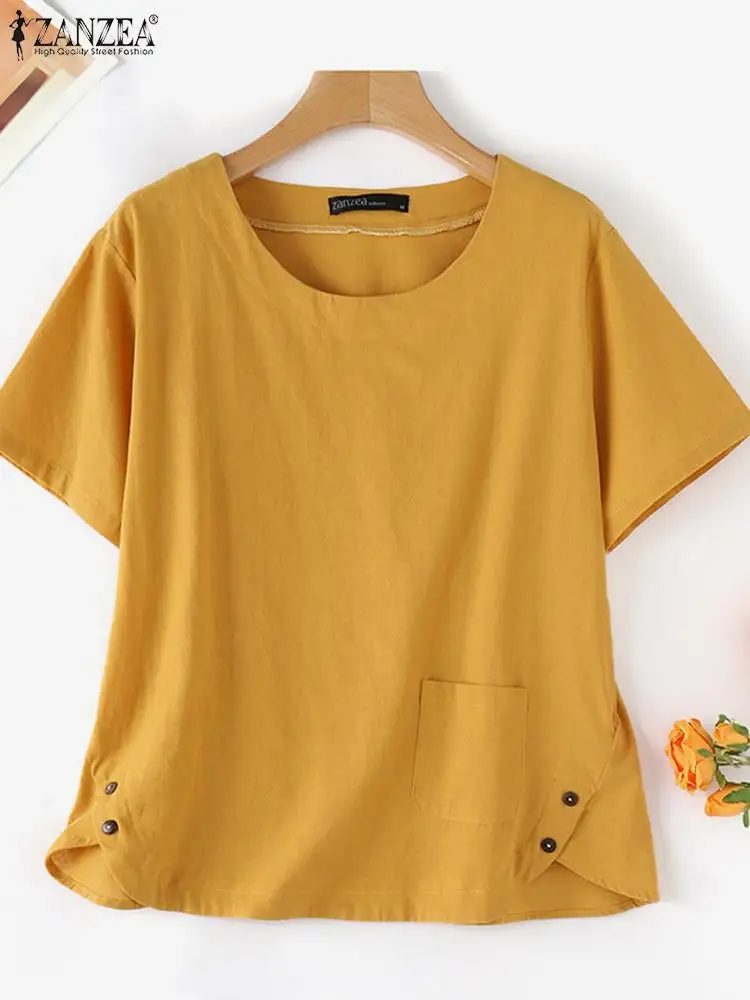 ZANZEA Cotton Daily Shirt Femme Vintage Casual Loose O Neck Summer Blouses 2024 Short Sleeve Summer Women Solid Color Tunic Tops