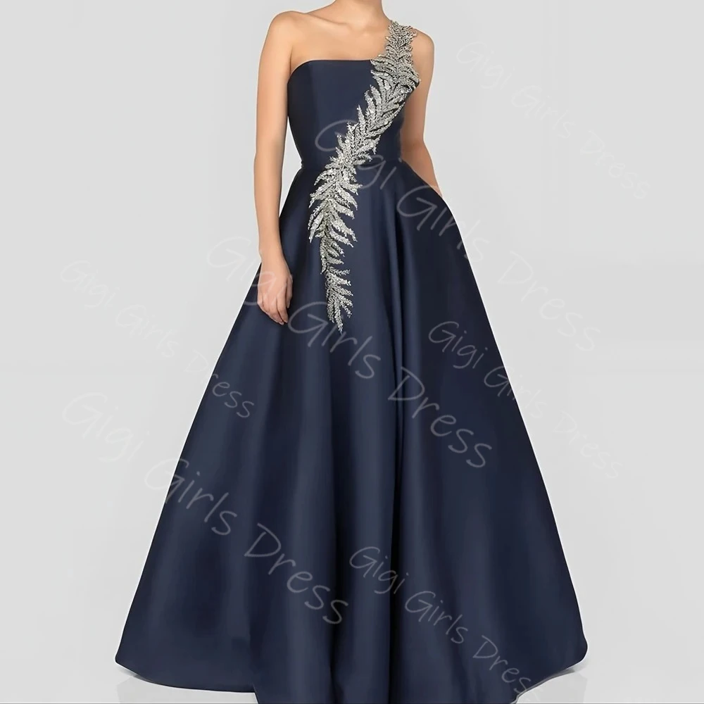Women's A-line Appliqued Satin Prom Dress Floor-length One-shoulder Backless Evening Gown with Train Cocktail Party Dress Custom