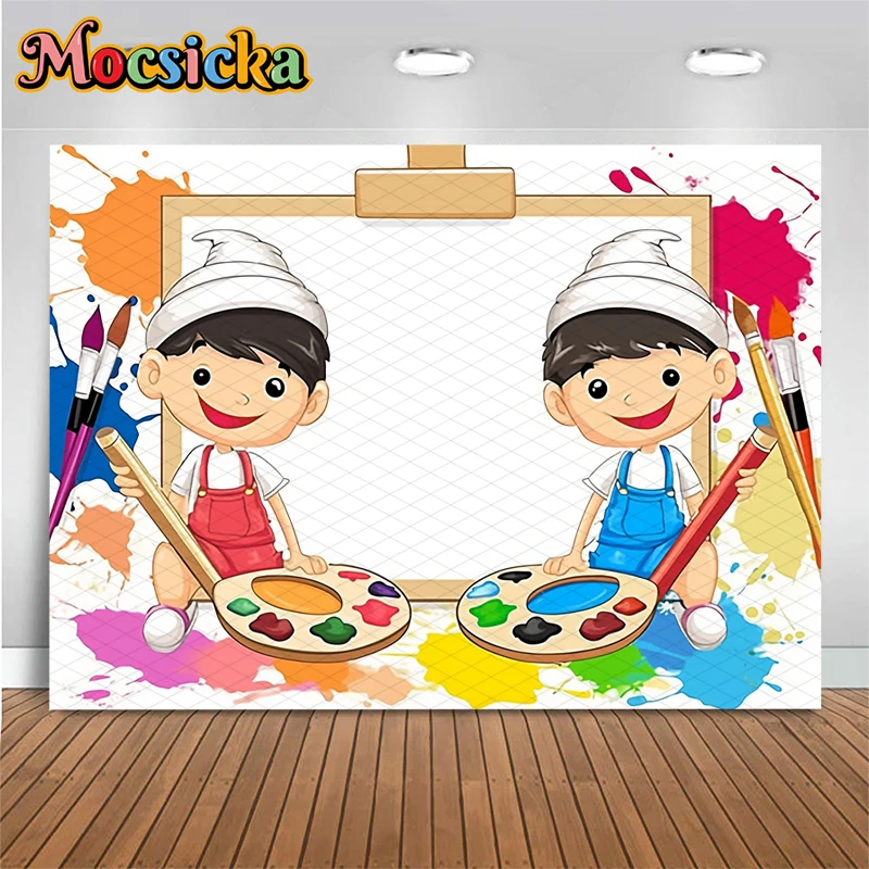 Mocsicka Baby Shower Boy Girl Backdrop Photography School Color Painting Decor Gender Reveal Party Kids Student Photo Background