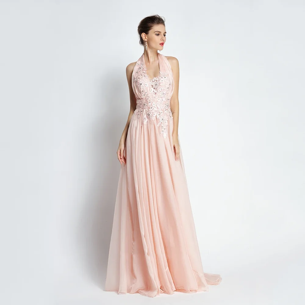 

Customzied Pale Pink Prom Gowns Halter Sleeveless Appliques Decoration Evening Dresses Pleat A-line Chiffon Floor Length Gowns