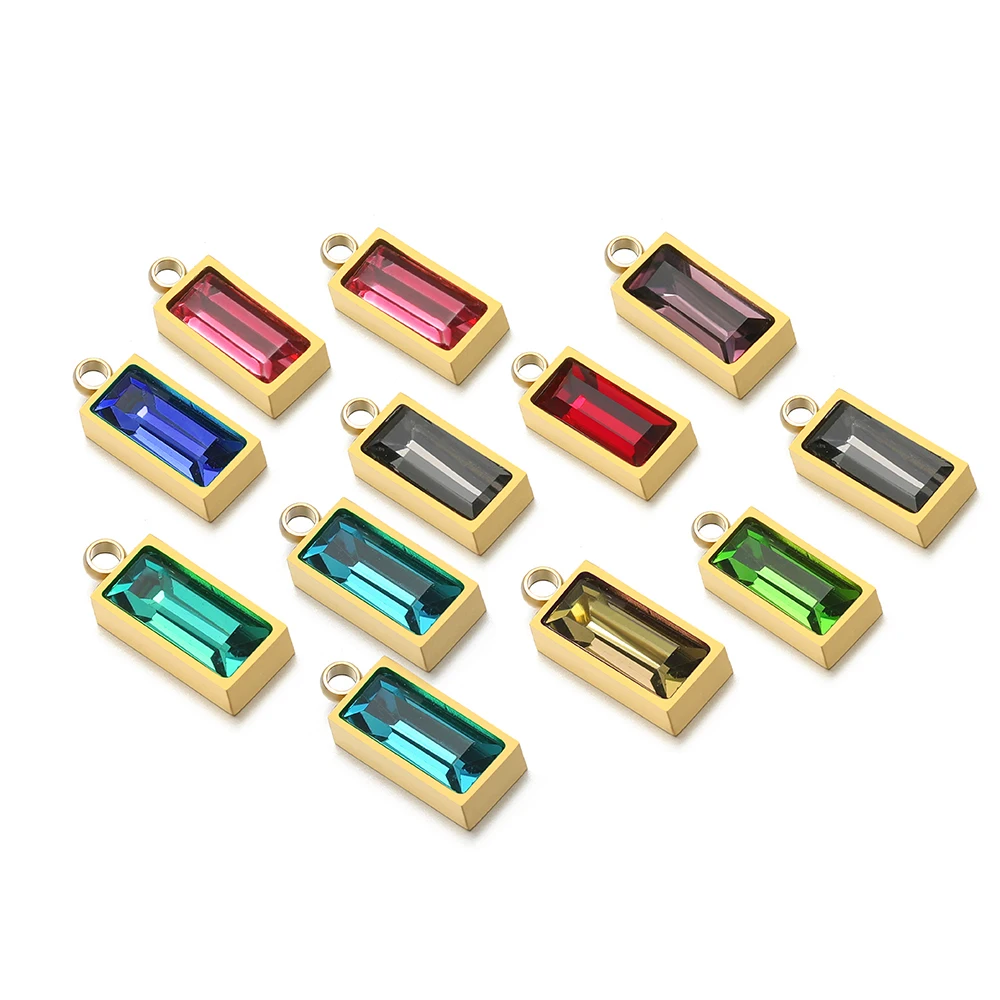 

5pcs Gold Plated Stainless Steel Birthstone Charms Rectangle Colorful Glass Pendants for DIY Jewlery Making Necklaces Supplies