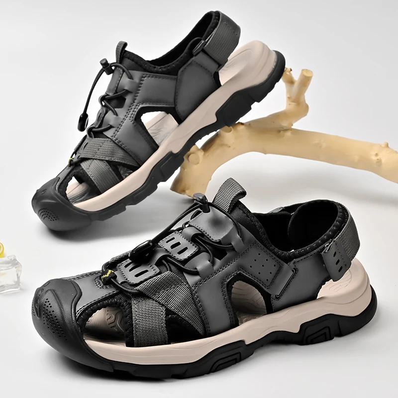 

Mens Beach Shoes Summer New Anti Slip Wear-resistant Breathable Leather Surface Toe Protection Solid Color Daily Casual Sandals