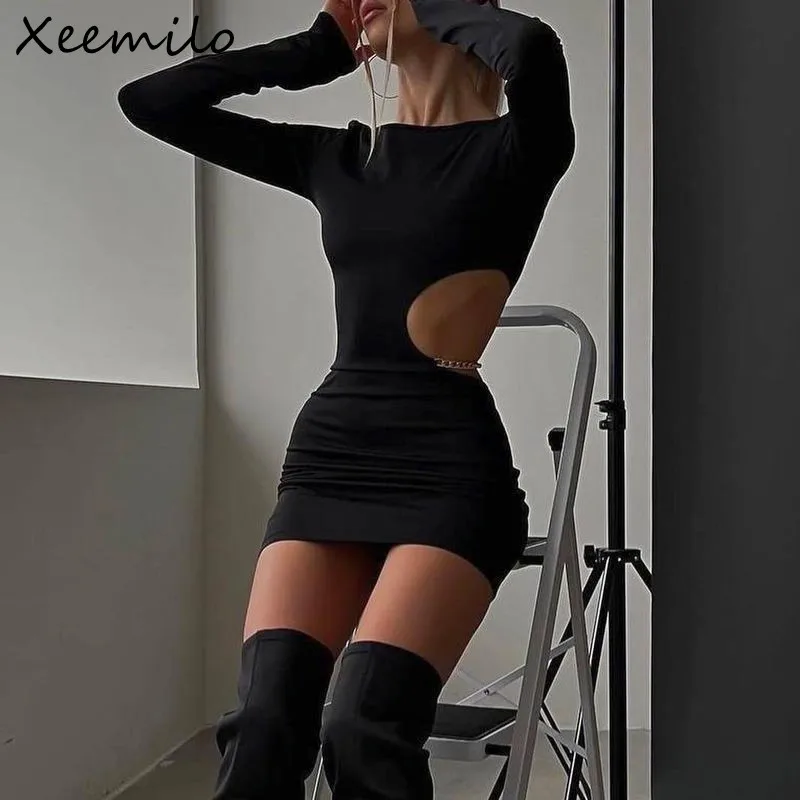 Xeemilo Sexy Waist Hollowed Mini Dress Sexy Black Long Sleeves Slim Dresses 2023 Elegant Women Metal Chain Decoration Vestidos