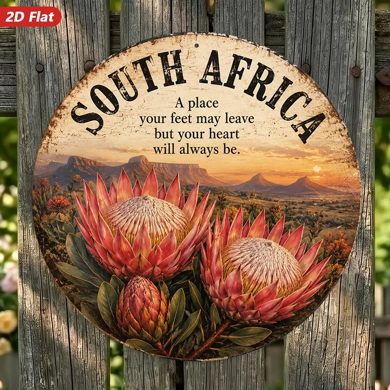 2D Flat, 1pc South Africa Protea Round Metal Sign Wall Art, Your Heart Will Always Be, Pink Protea Flowers, Ideal for Kitchen Co