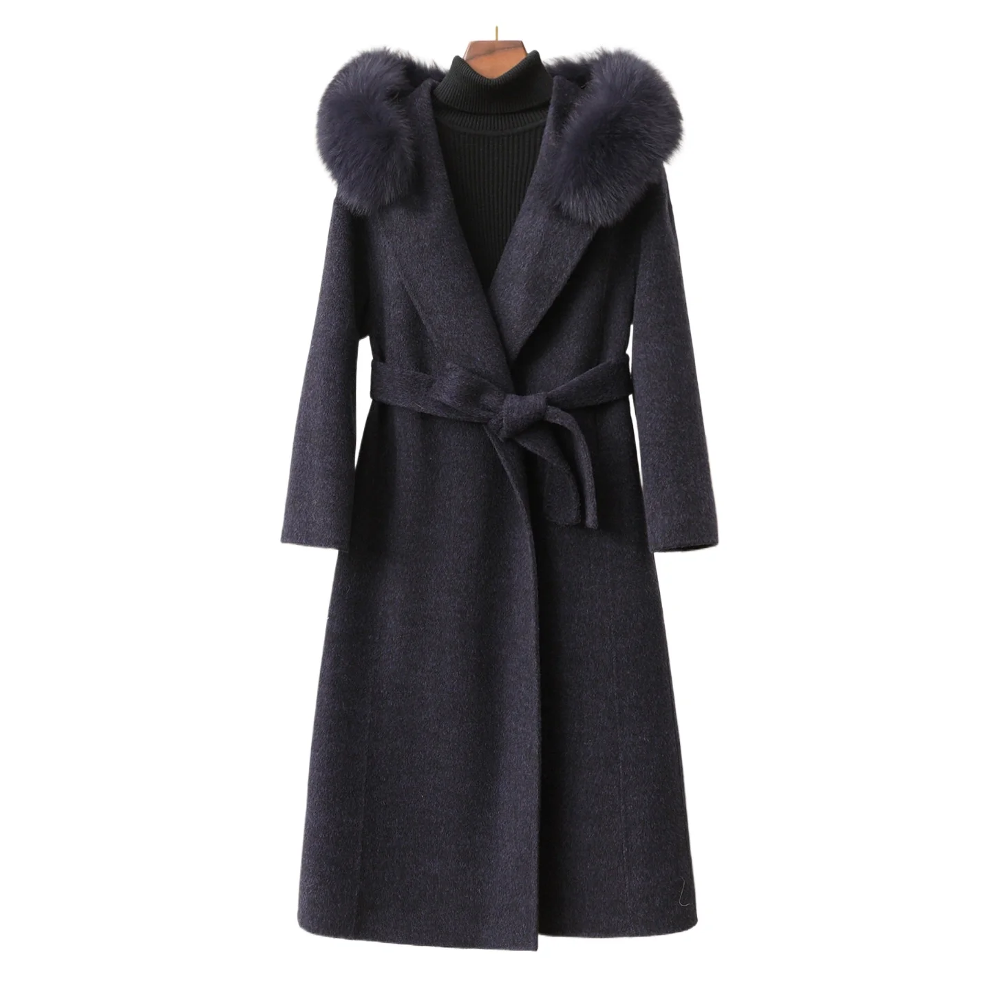 2025 winter new long belt fox collar hair hooded jacket women's cashmere double-sided woolen waist coat