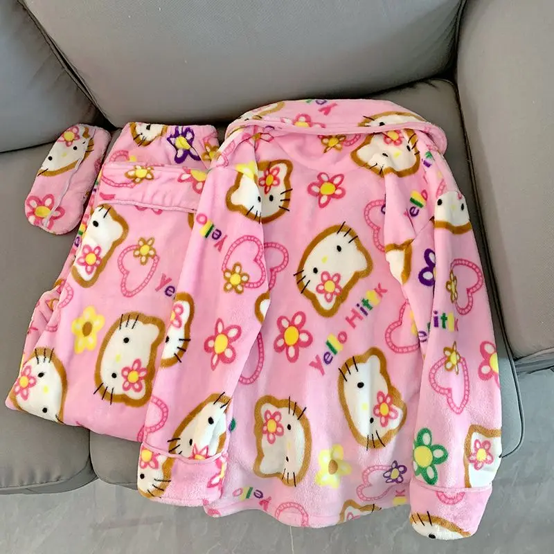 Pajamas Hot Style Hello Kitty Coral Velvet Women's Autumn Winter Thickened Warmth Sweet Comfortable Home Clothes Set Cartoon