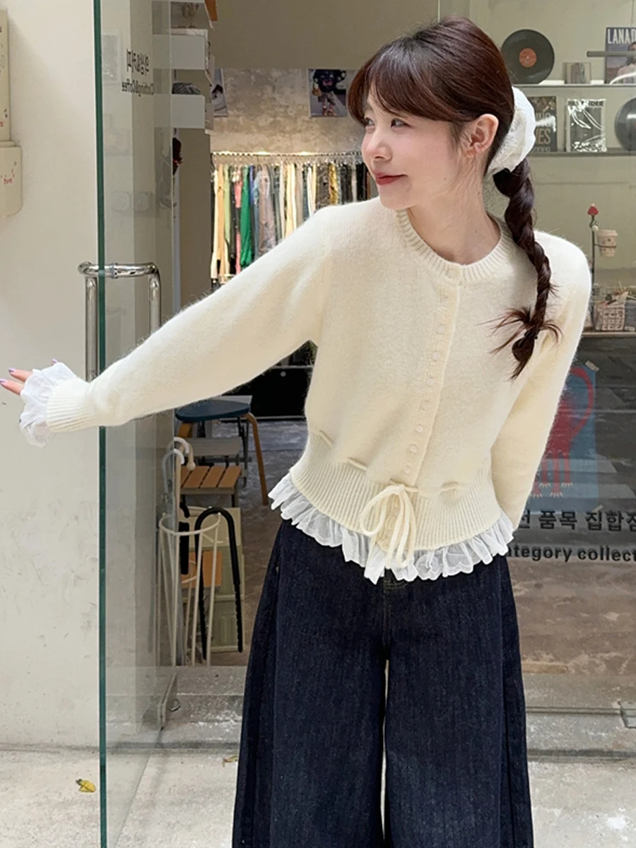 Sweet Style Slimming Lace Detail Waist Cinched round Neck Long Sleeve Women's Knitwear Floral  Design Fitted Sweater