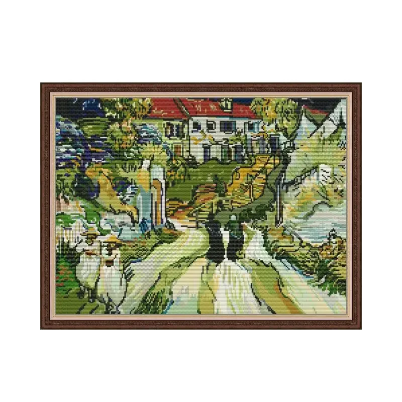 Van Gogh-Ovi Street and Stairs Cross Stitch Kit, Cross Stitch, Printed Canvas, DIY Embroidery, Handmade, 14CT, 11CT