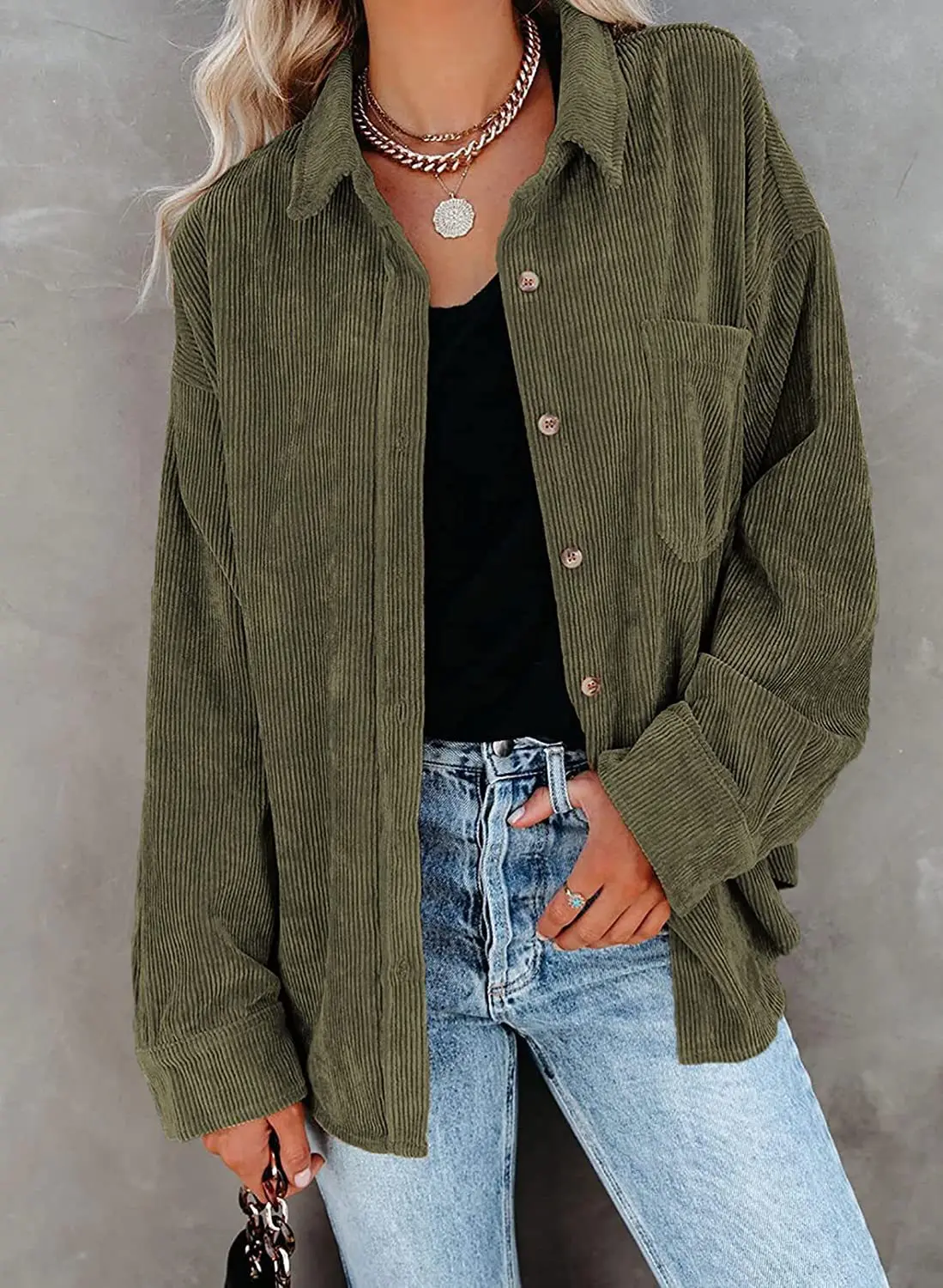 

Autumn Corduroy Blouse Women Solid Folds Shirt Jacket Vintage Button Pocket Blouses Pockets Elegant Long Sleeve Tops Outfits