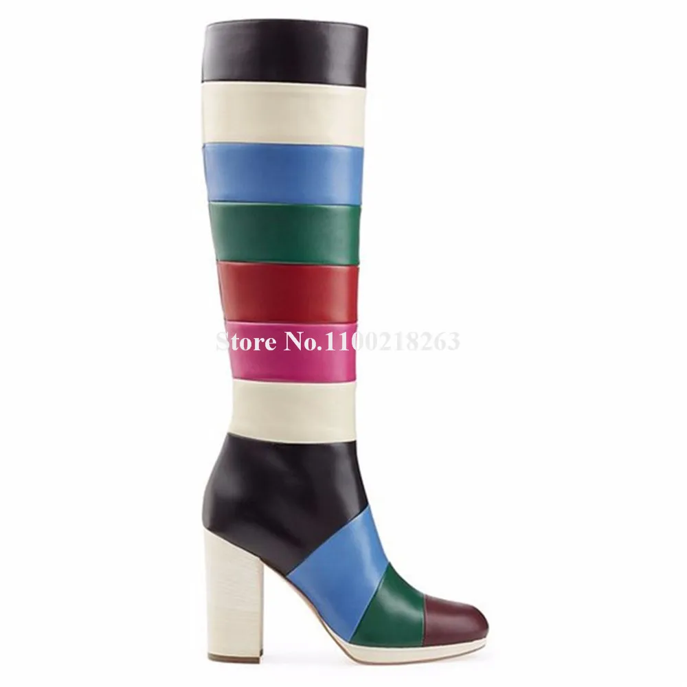 

Newest Women Colorful Chunky Heel Boots Charming Round Toe Color Stripes Thick Heel Zipper-up Long Boots Big Size Boots