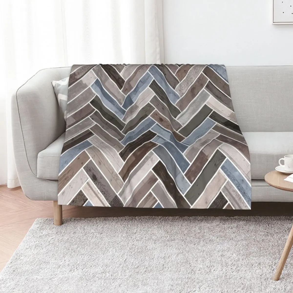 Herringbone Pattern in Blue Brown Grey Throw Blanket Kid'S Tourist Beautifuls Thins Decorative Sofas Stuffeds Blankets