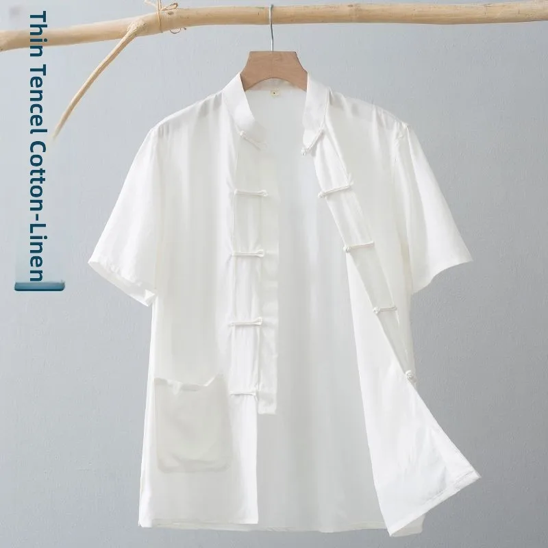 New Chinese Style Buttons Summer Short Sleeve Cotton Linen Lightweight Men's Tang Suit Top Thin Fabric Traditional Hanfu Clot...