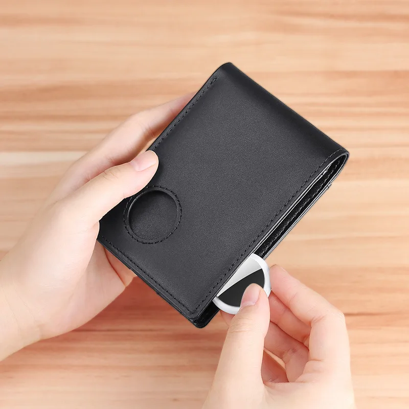 For Airtags Business Genuine Cow Leather Men Thin Wallet RFID Blocking Credit Bank Card Holder with ID Window Male Purse Black