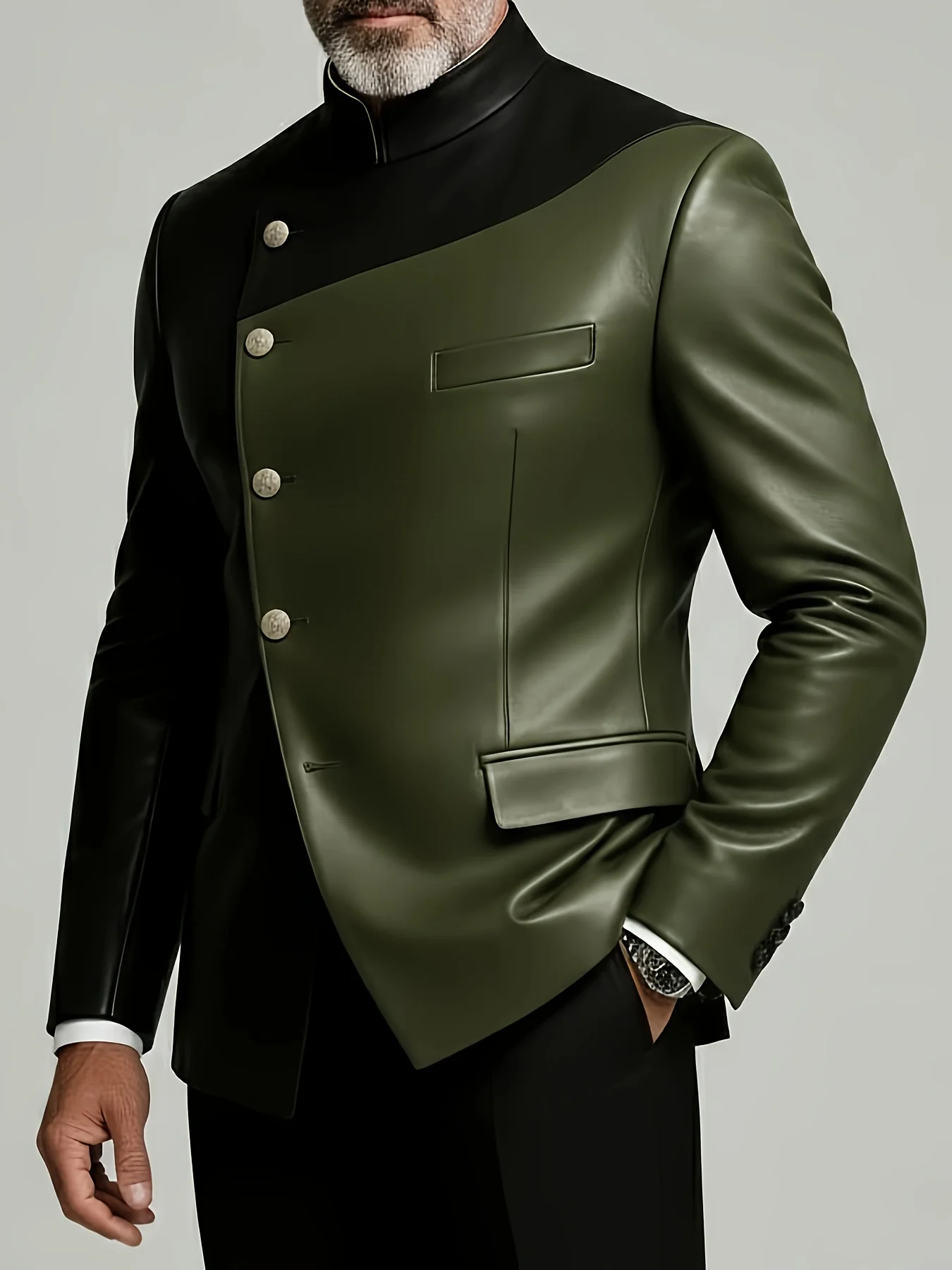 

Men's Two Tone Stand Collar Asymmetrical Single Breasted Long Sleeve Jacket