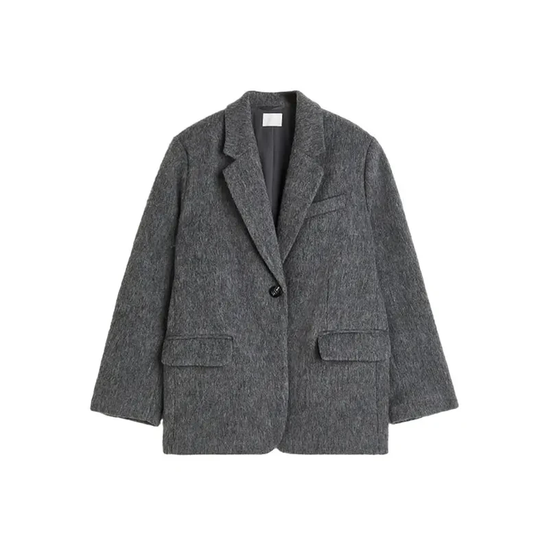 

Elegant Gray Woolen Jacket For Women Casual Lapel Long Sleeve Loose Blazer Coat Female 2025 Autumn Fashion Office Lady Outwear