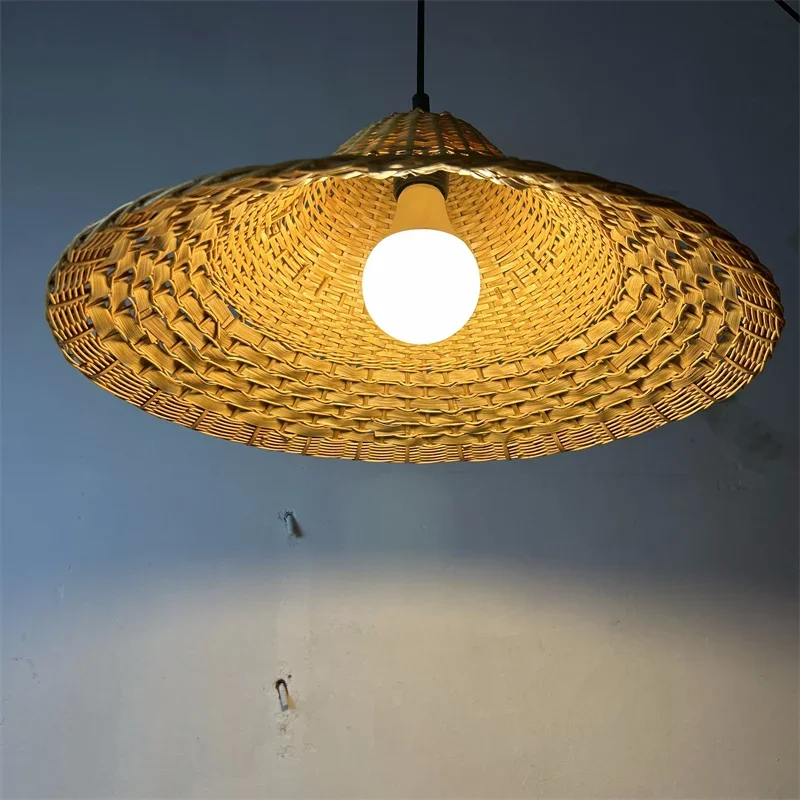 Natural Wicker Rattan Lampshade Creative Bamboo Woven Hanging Ceiling Light for Teahouse Homestay Bedroom Ambient Decoration