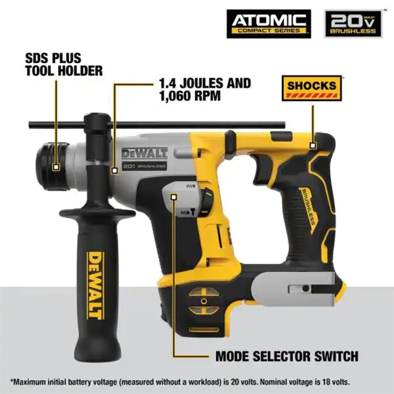 DeWalt DCH172 Compact Hammer Cordless Rechargeable Hammer Drill 5/8 Inch 20V MAX Hammer Bare Metal