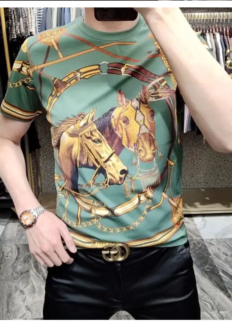 Men Luxury Golden Horse Print Short Sleeve T Shirt Vintage Chain Satin Slim Fit Casual Tee Tops