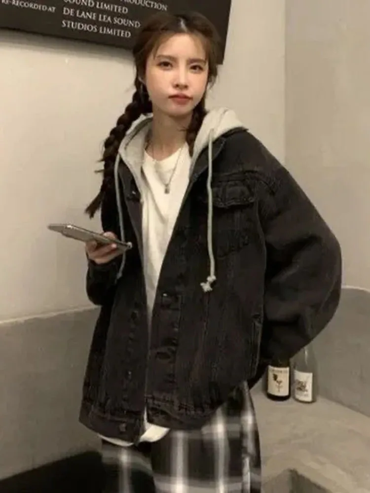 Loose Hooded Denim Jackets Oversized 75kg Patchwork Spring Casaco Casual Vintage New Coats Classics Women Korean 2023 Chaquetas