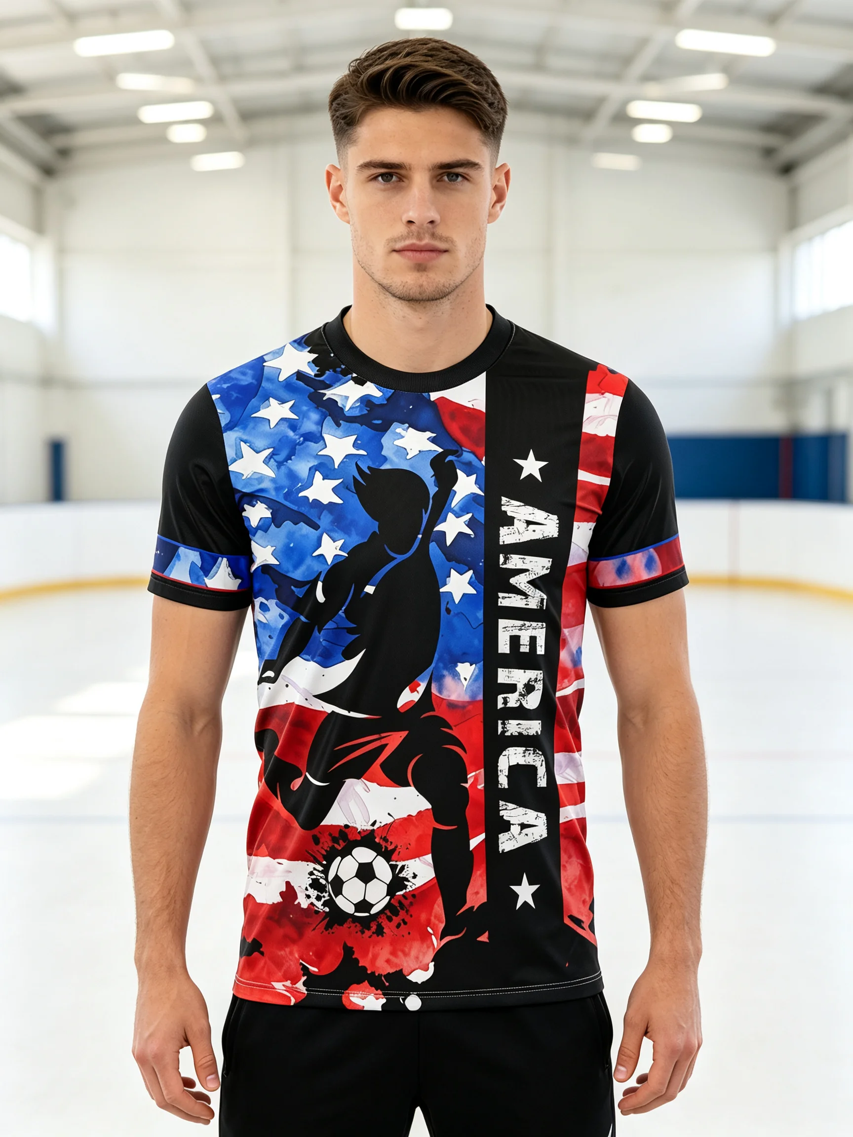 USA soccer jersey,flag splash background,player silhouette,AMERICA print,quick‑dry,multiple collar styles