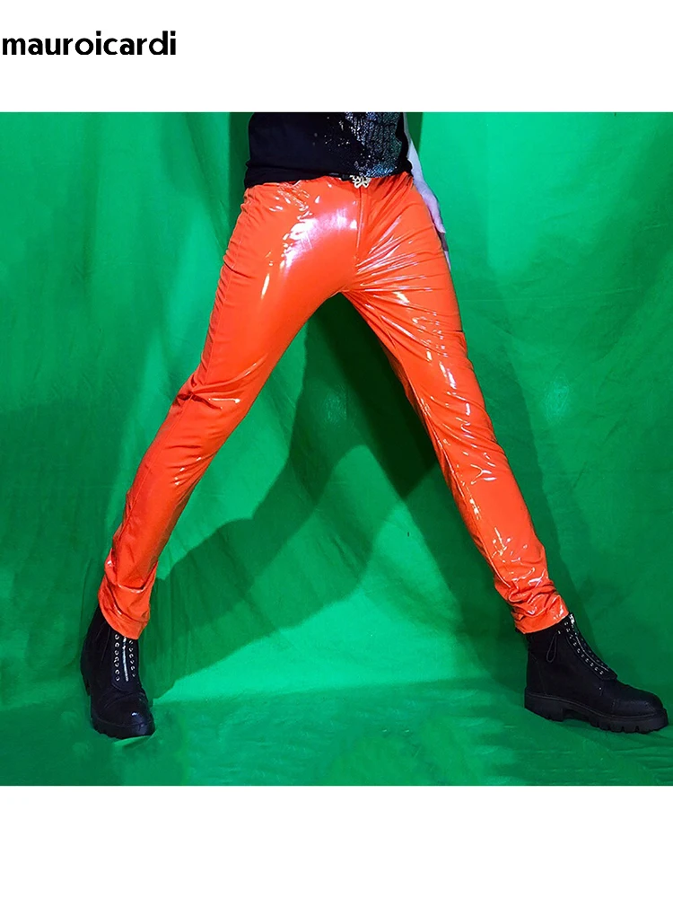 Mauroicardi Spring Skinny Sexy Shiny Reflective Stretchy Thin Orange Yellow Blue Patent Pu Leather Pants Men Y2K Streetwear 2023