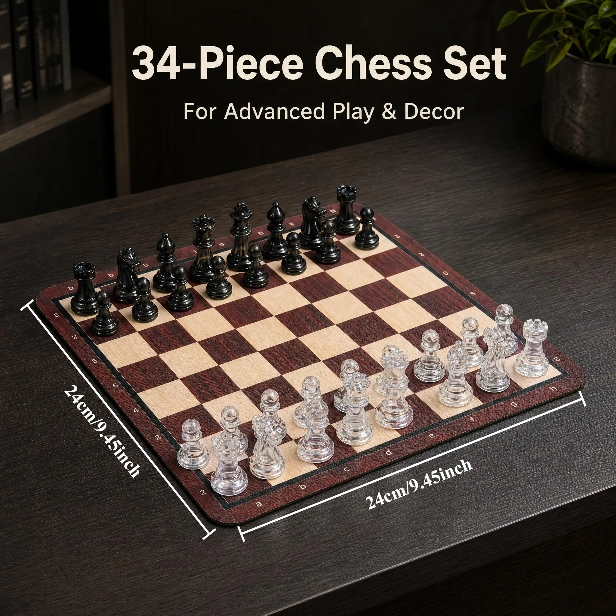 34 Pcs Chess Set with 2 Extra Queens, Transparent Pieces, Soft Rubber Roll-Up Chess Board, Ideal for Advanced Game Play