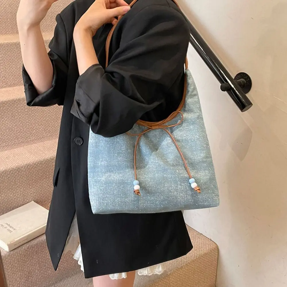 

Trendy Versatile Denim Axillary Bag Casual Cloth Bow Shoulder Bags High Capacity Commuting Canvas Tote Bag Female