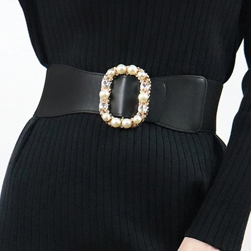 2024 FashionLadies Elastic Wide Waist Rhinestone Pearl Buckle Dress Shirt Decoration Belts for Women Luxury Designer Brand