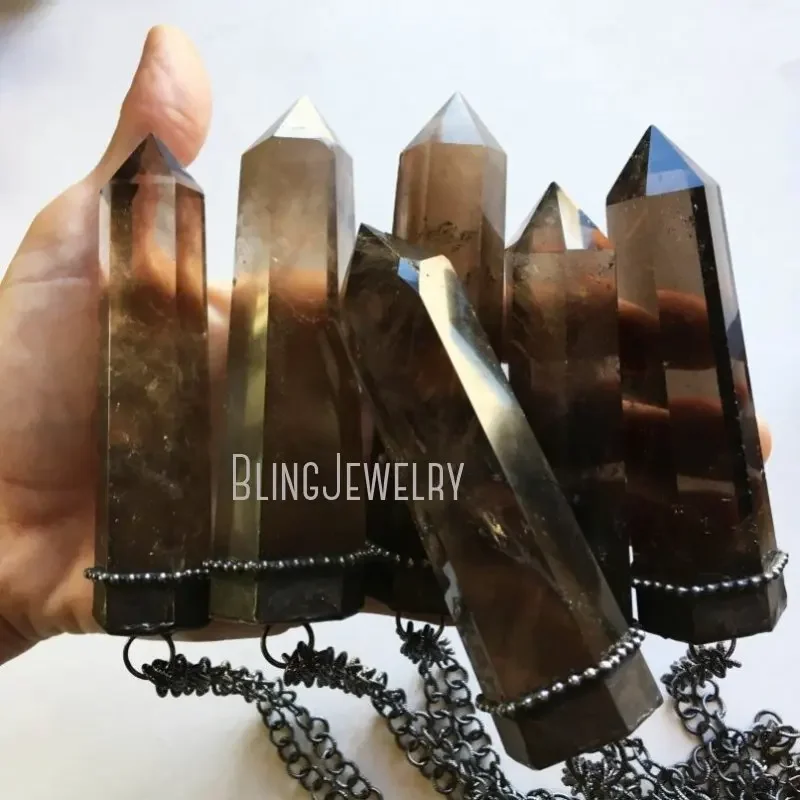 

10pcs Smoky Quartz Crystal Tower Necklace Dark Brown Obelisk Talisman Wicca Witch Goth Stainless Steel Chain Steampunk Jewelry