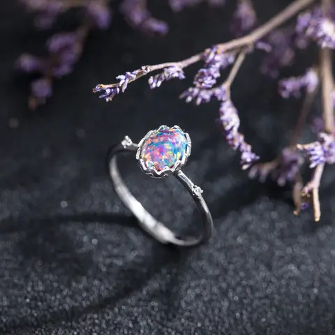 Minimalist Female Rainbow Crystal Ring Simple Gold Silver Plated Wedding Rings For Women Charm Oval Black Opal Engagement Ring
