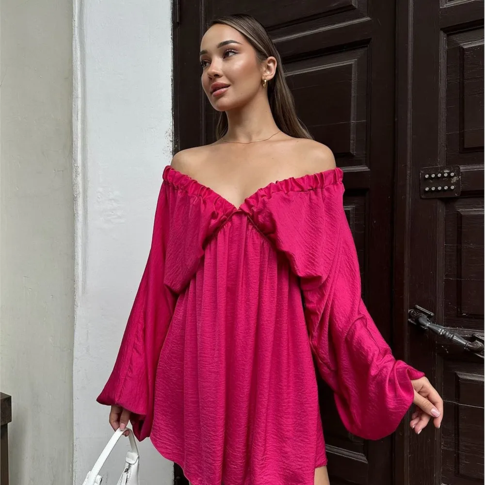 

2025 Spring Autumn Lantern Sleeve Nightgowns Dresses For Women Loose V Neck Sleepwear Casual Pajamas Solid Elegant Lingerie Robe