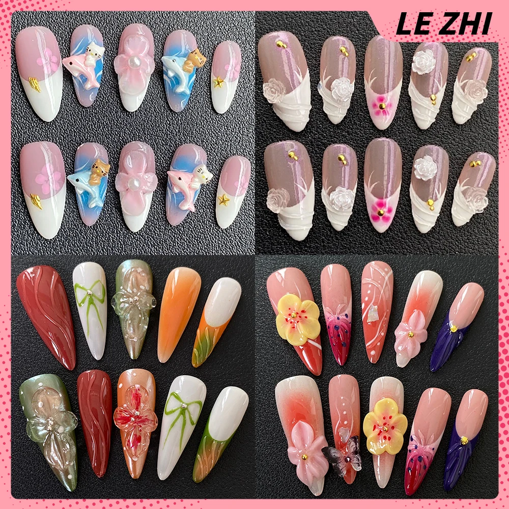 

10Pcs 3D Flower Series Handmade Press On Nail Spice Girl Hello Kitty Diamond Pearl Bow French Almond Wearable Full Cover Nails