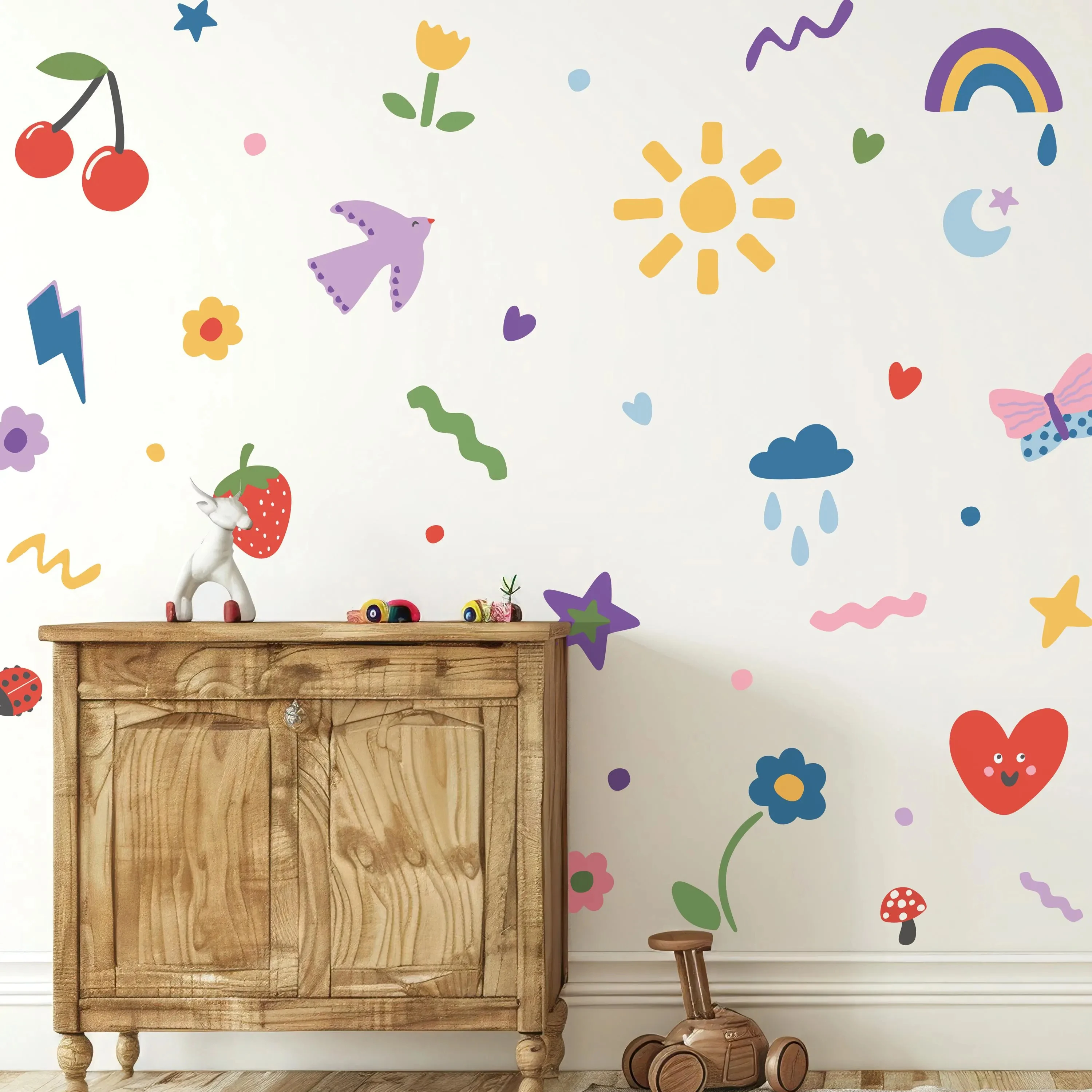 Kids Fun Doodle Fabric Wall Stickers Baby Nursery Kids Room Lightning Birds Sun Flower Nature Wall Decals Playroom Home Decor