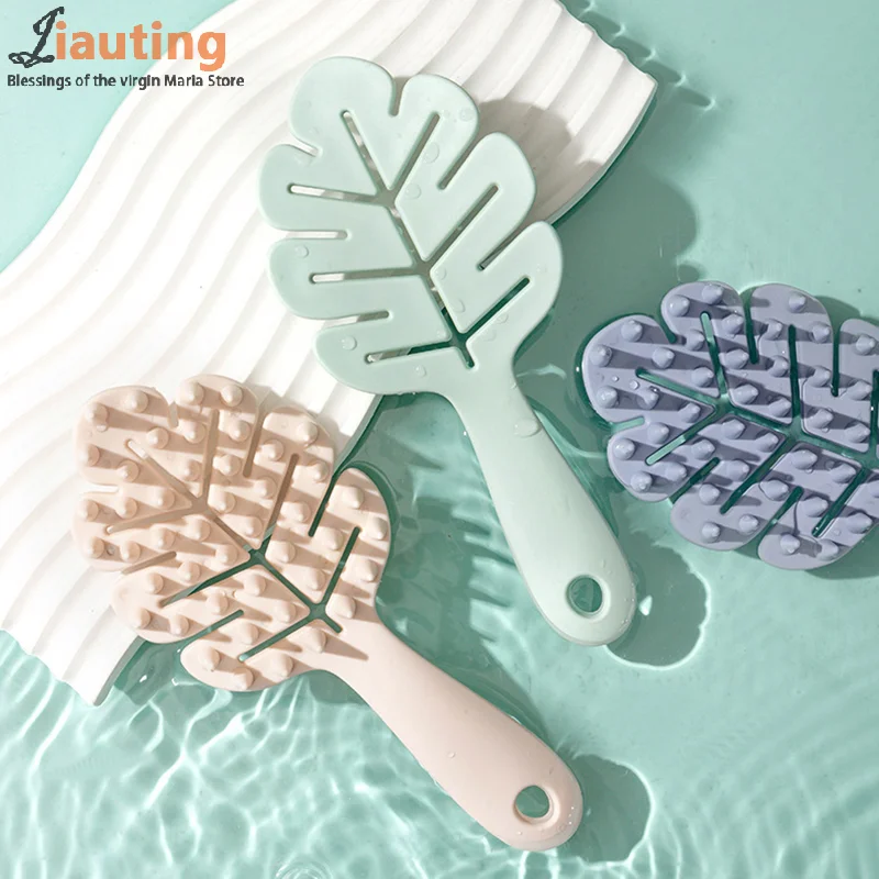 Leaf Shape Silicone Shampoo Brush Head Scalp Massage Soft Hair Comb Long Handle Bath Brush Body Massage Cleansing Tool Gift