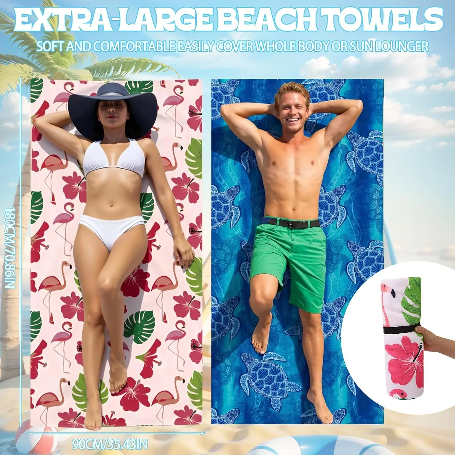 Custom 2 Pack Beach Towels Flamingo Turtle Print | Oversized Sand Free Quick Dry Microfiber Large Lightweight Travel Pool Swim