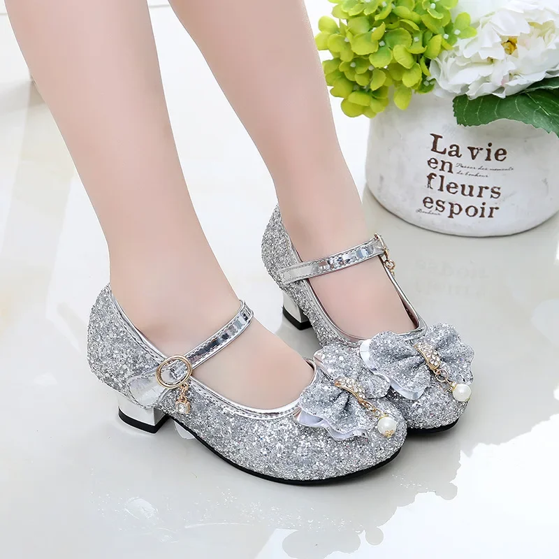 

2026 Princess Kids Leather Shoes for Girls Flower Casual Glitter Children High Heel Girls Shoes Butterfly Knot Blue Pink Silver