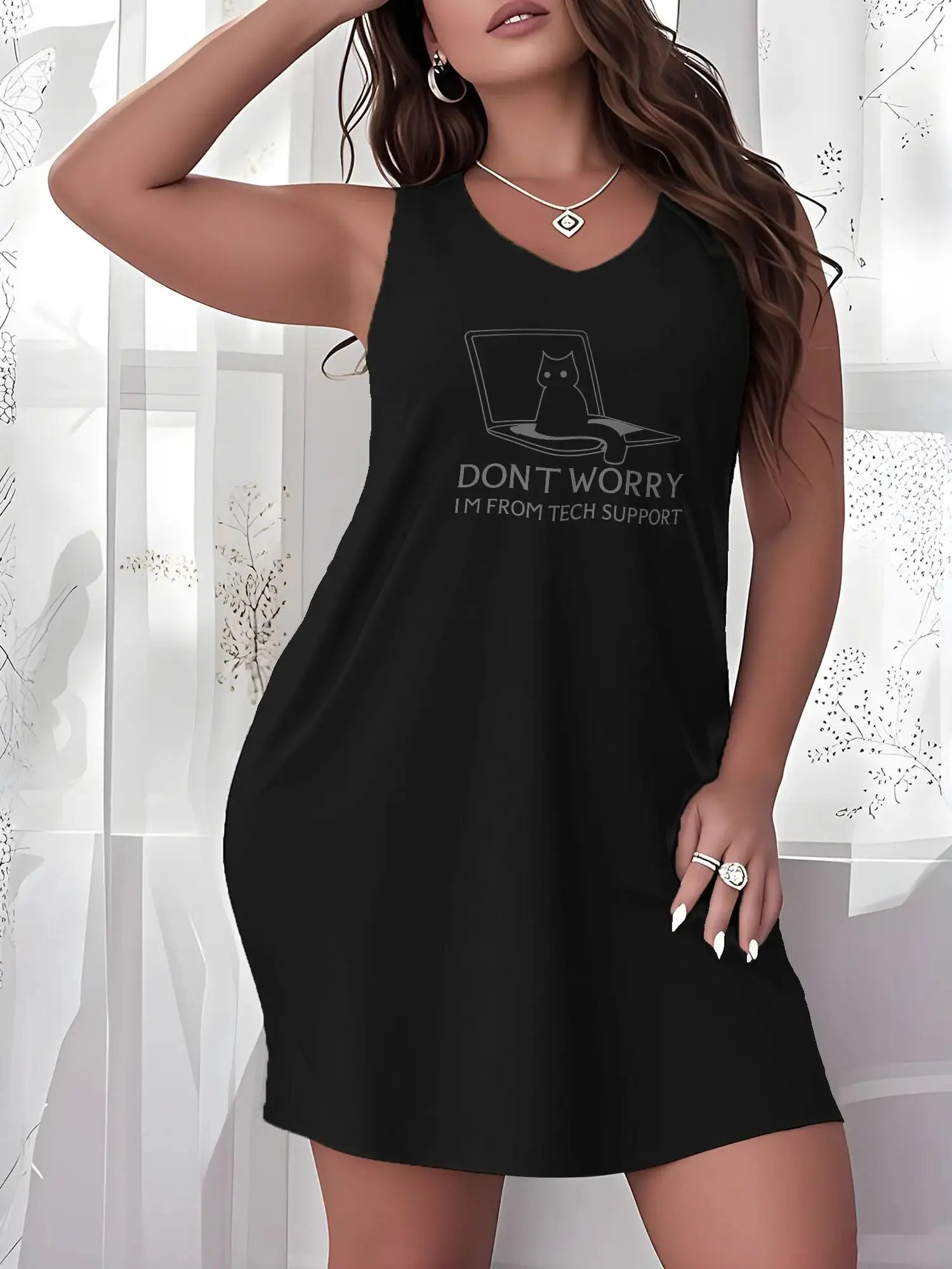 Plus Size Women's Unique Print Sleeveless V-Neck Loose Mini Tank Dress Summer Casual Beach Coverup Daily Loungewear Nightgown view 2