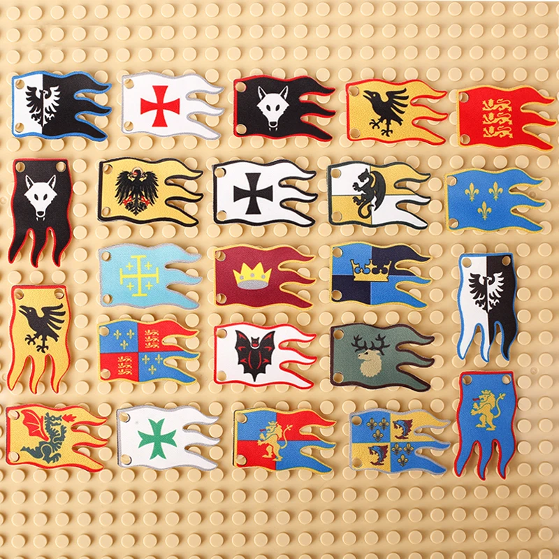 MOC Medieval Wolf Knights Flag Building Blocks Eagle Soldiers Banner Stand Castle Lion Army Accessories Bricks Toys Kids Gift