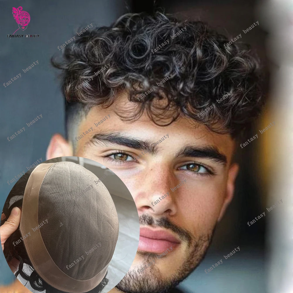 

Men 25mm 22m Curly Human Hair Toupee Blond Hair Replacement Capillary Prosthesi 100% HumanHair Durable Fine MONO NPU Base Toupee